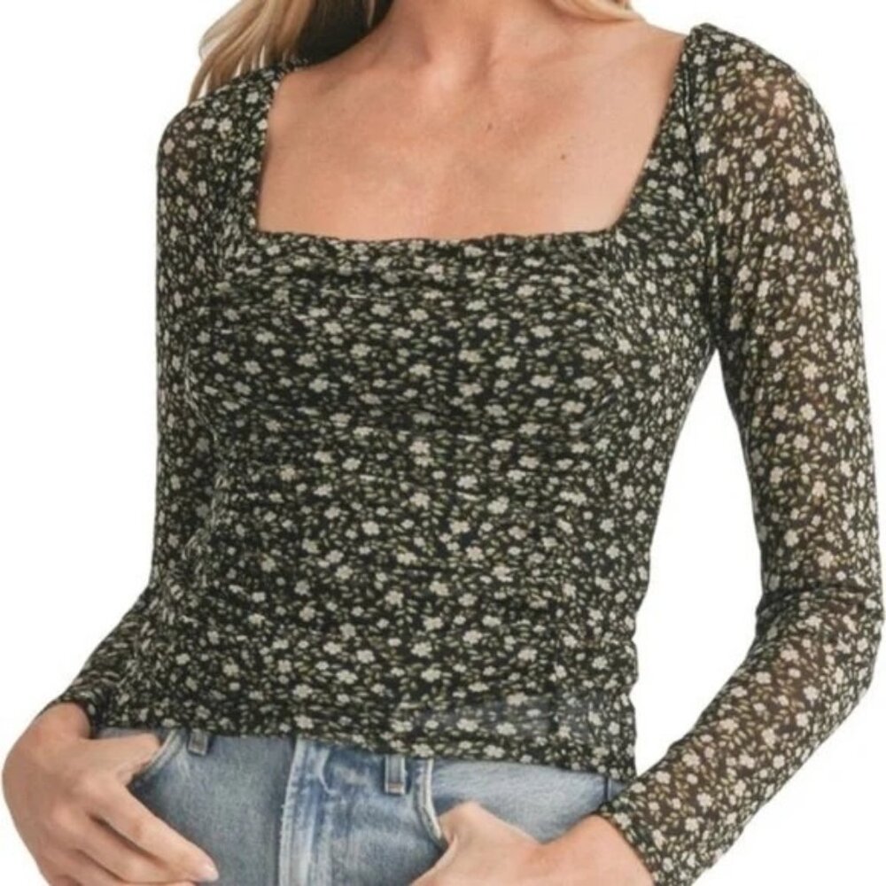 All In Favor Floral Square Neck Ruched top size Medium Green/White
